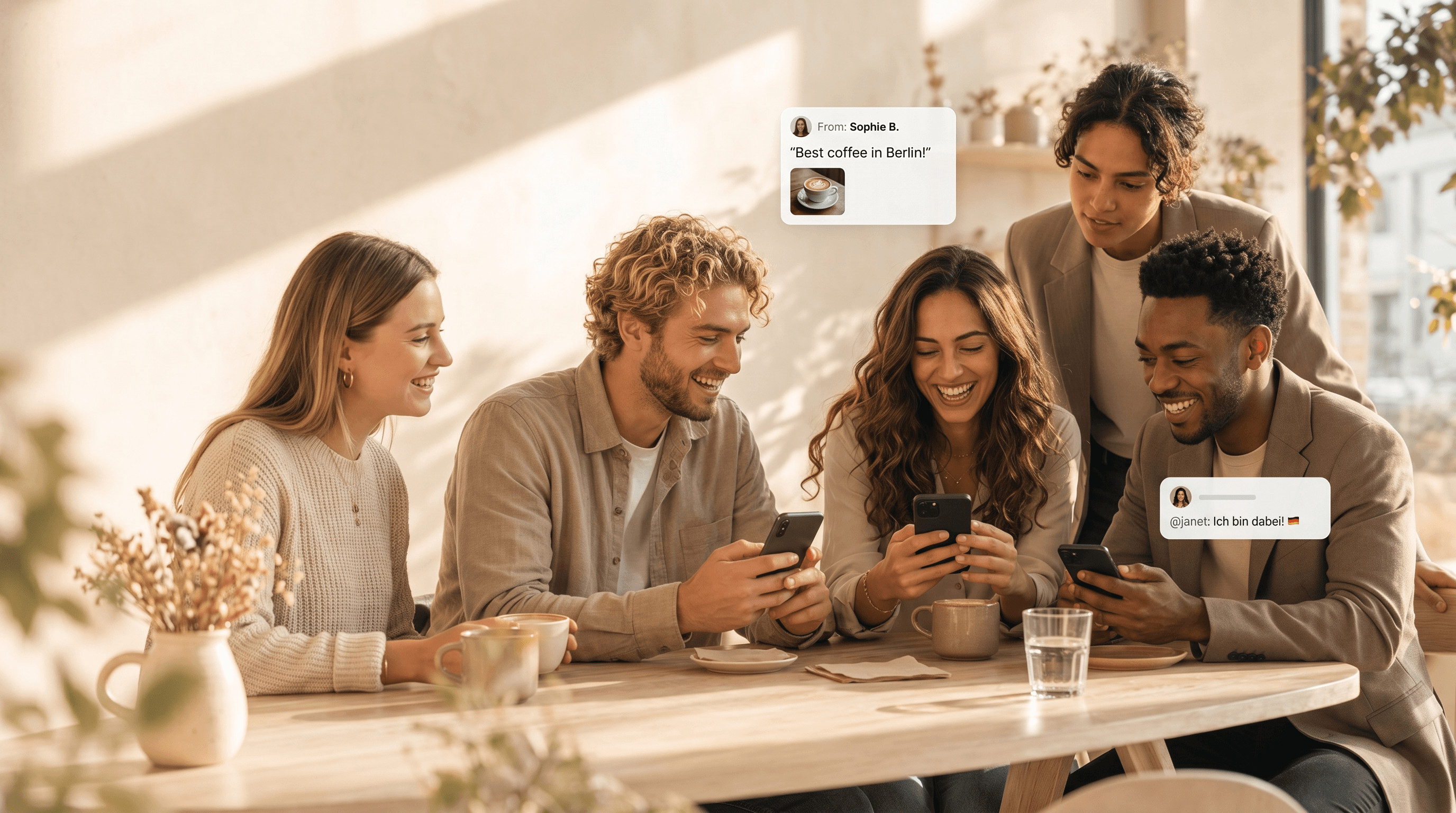 Friends in a sunlit Berlin cafe sharing TIIGR posts, with floating social cards and messages