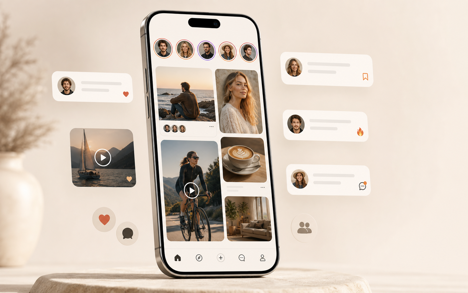TIIGR app interface with European creator posts, social cards, and community interactions
